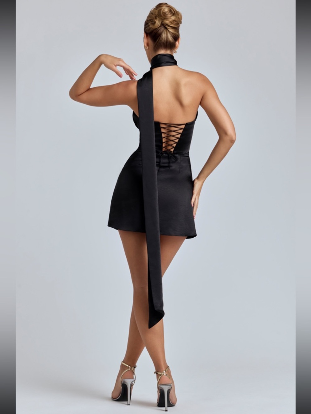 Oh Polly Black One-Shoulder Mini Dress with Long Neck Tie - Picture 2 of 10